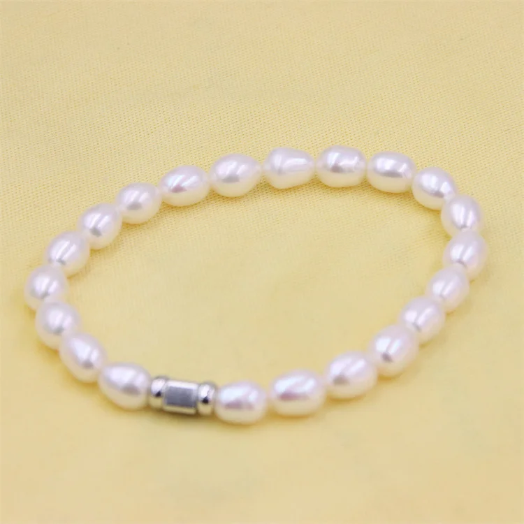 

ZFSILVER Fashion Fit Charm Silver Square Elastic Rope Natural White Freshwater Rice Pearl Bracelets For Women Fine Jewelry Gifts