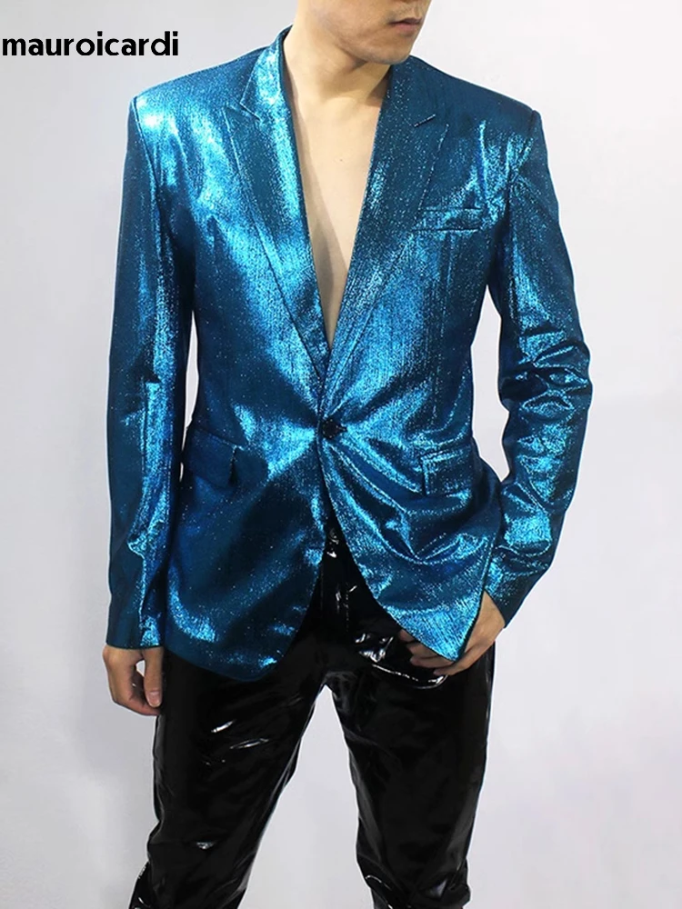 

Mauroicardi Summer Glitter Shiny Blue Green Blazers for Men Blingbling Nightclub Rave Festival Clothing Y2K Streetwear 2023