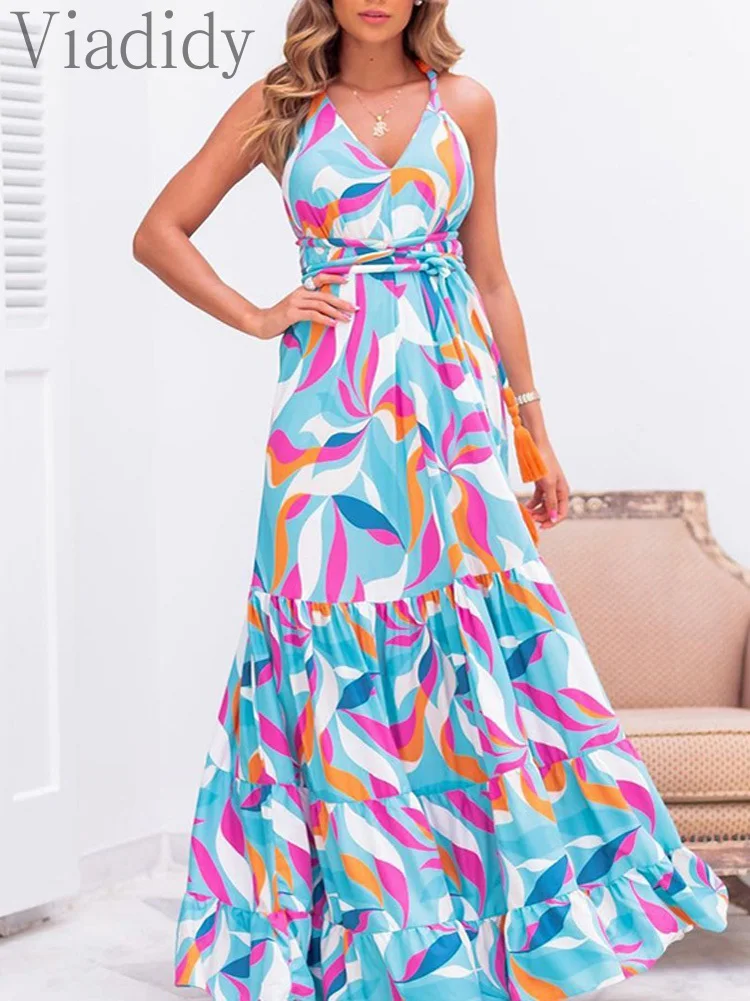 

Women Summer V Neck Print Spaghetti Strap Big Swing Maxi Dress