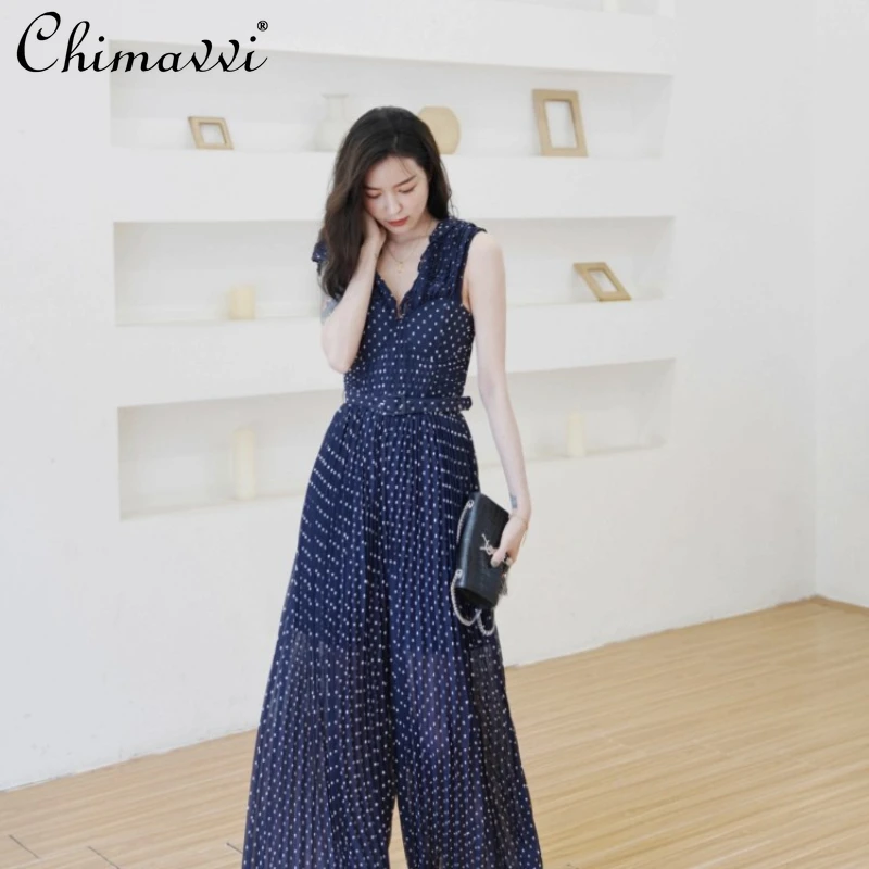 2022 Spring New Dark Blue Polka-Dot High Waist Jumpsuit Women's Fashion Sexy Backless Loose Wide Leg Trousers Ladies