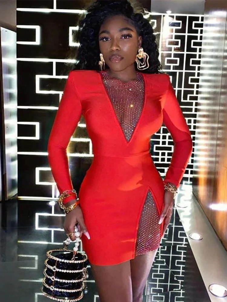 

Long Sleeve Bandage Dress 2022 New Women's Red Bodycon Dress Elegant Sexy Crystal Evening Club Party Dress High Quality Summer
