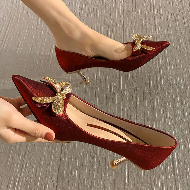 

Heels Shoes Red Black Pumps Fashion Summer Ladies Dress Shoes Crystal Bow-knot Thin Heels Party Shoes