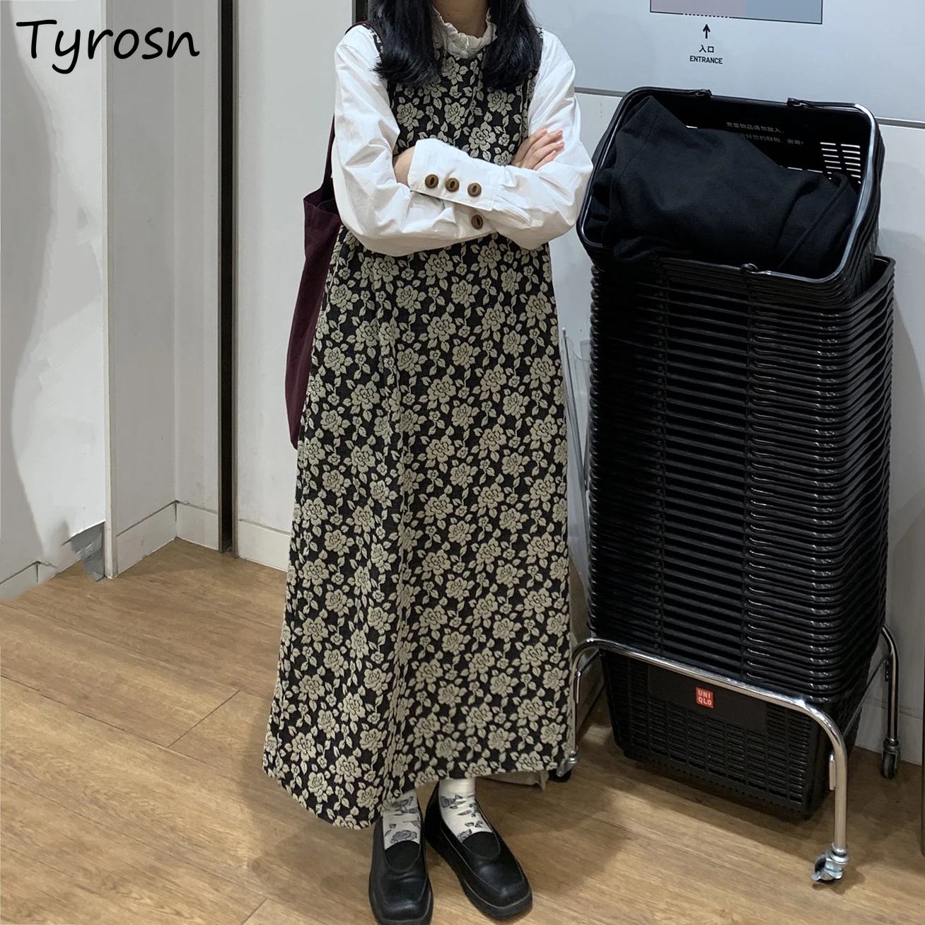 

Women Sets Vintage Floral Sleeveless Midi Dress Mori-girl Preppy Style Loose Outwear Gentle White Fungus Shirts Sweet Versatile