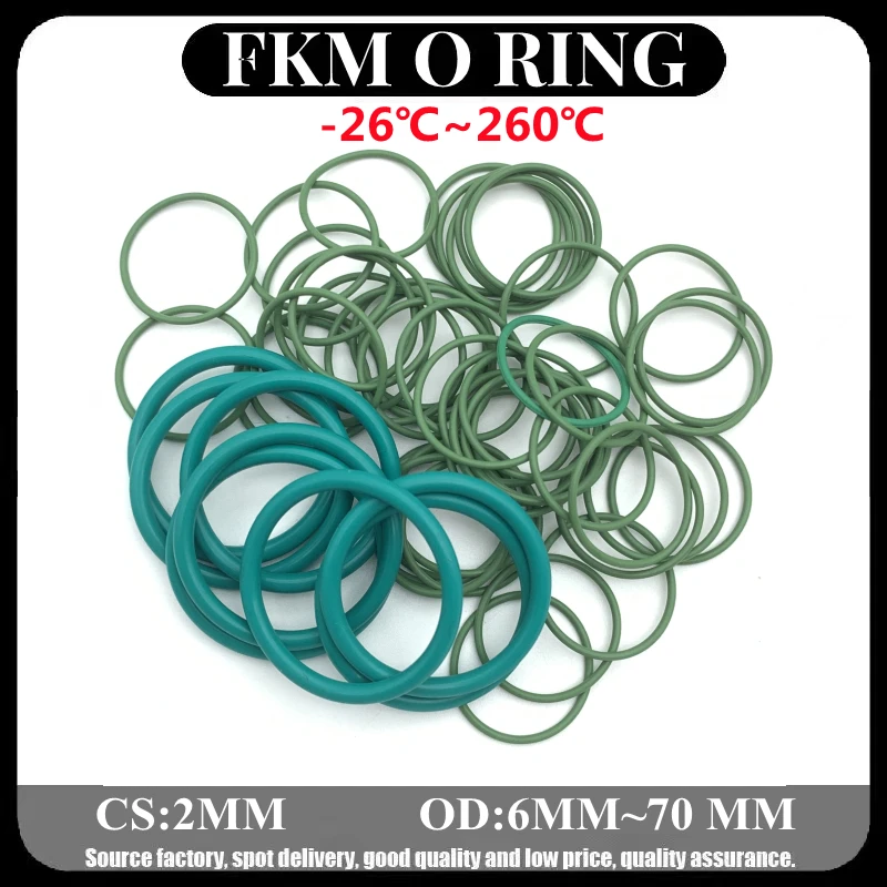 

50Pcs FKM Fluorine Rubber O Ring Sealing Gaskets Thickness CS 2mm OD 6mm ~ 70mm Insulation Oil High Temperature Resistance Green