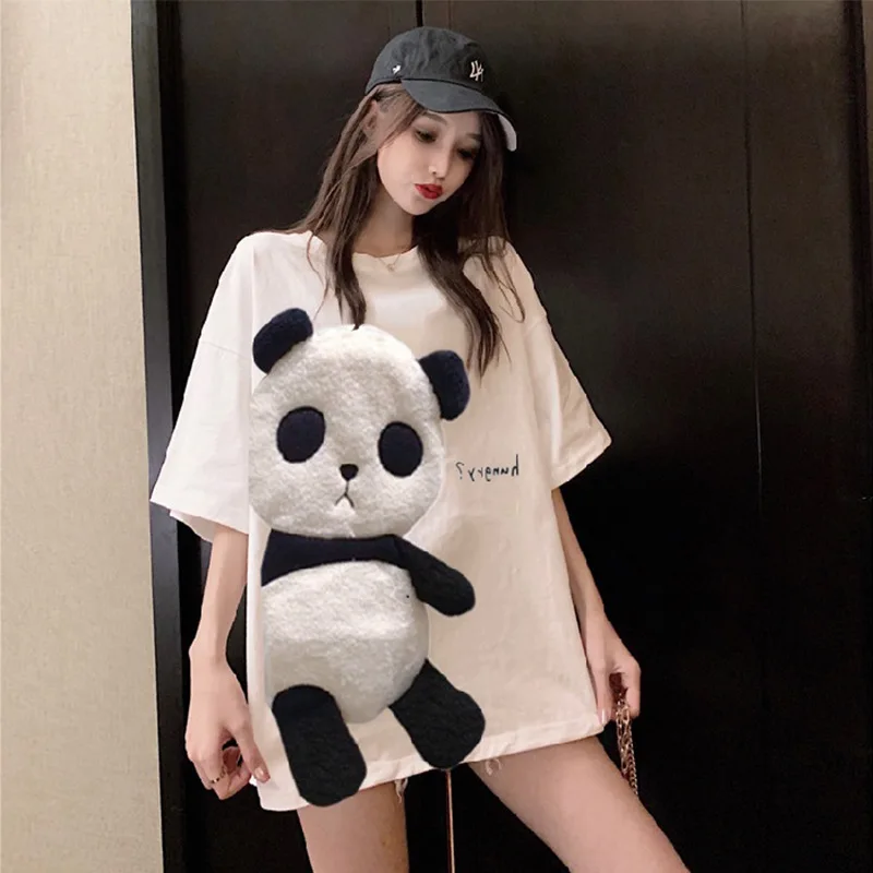 

Panda T-Shirt Women Embroidered Shirts Short Sleeve Pullover Round Neck Long Tshirt Women Sexy Tops Loose Summer Clothing
