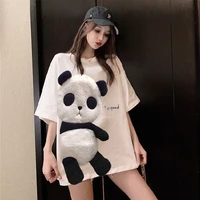 panda t shirt women embroidered shirts short sleeve pullover round neck long tshirt women sexy tops loose summer clothing