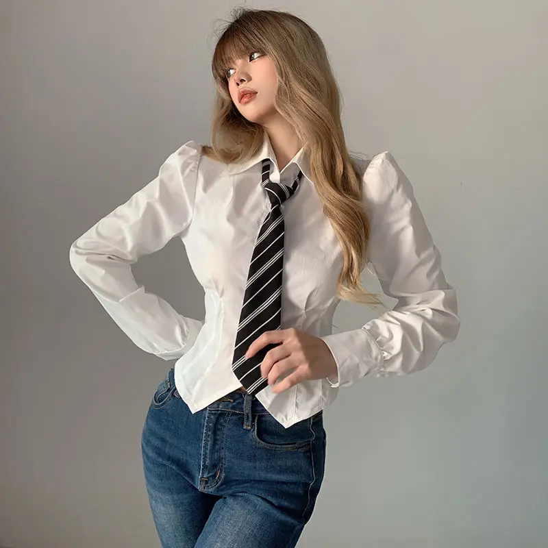 QWEEK Sexy Women Blouses Harajuku Preppy Style Korean Fashion Tunics Sweet Soft Girl Long Sleeve Tops White Shirt Slim Tie Trend