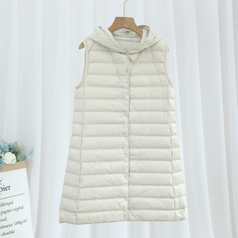 Women Waistcoat 2022 New Autumn Winter Ultra Light White Duck Down Vests Fashion Seamless Hooded Feather Filler Basic Coats