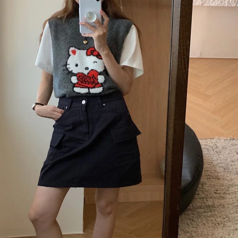 

Hellokitty Y2K Sanrio Kawaii Cartoon Knitted Vest Anime Knitwear Cute Girl Pullover Sleeveless Sweater Autumn Jacket Tops Gift