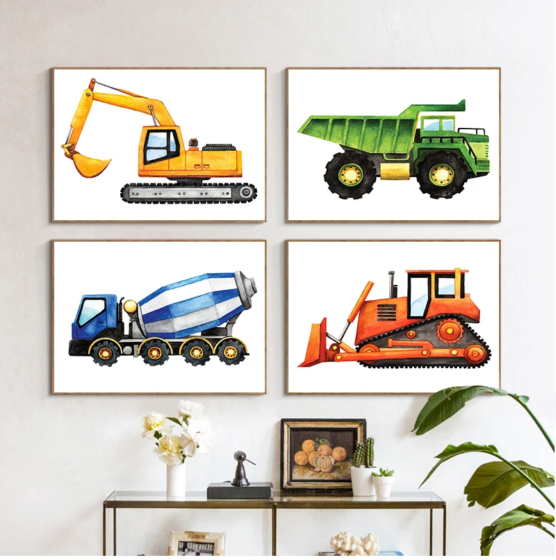 

Строительные транспортные средства, акварельная картина на холсте, декор детской комнаты, бульдозер, плакаты и принты, подарок для мальчиков