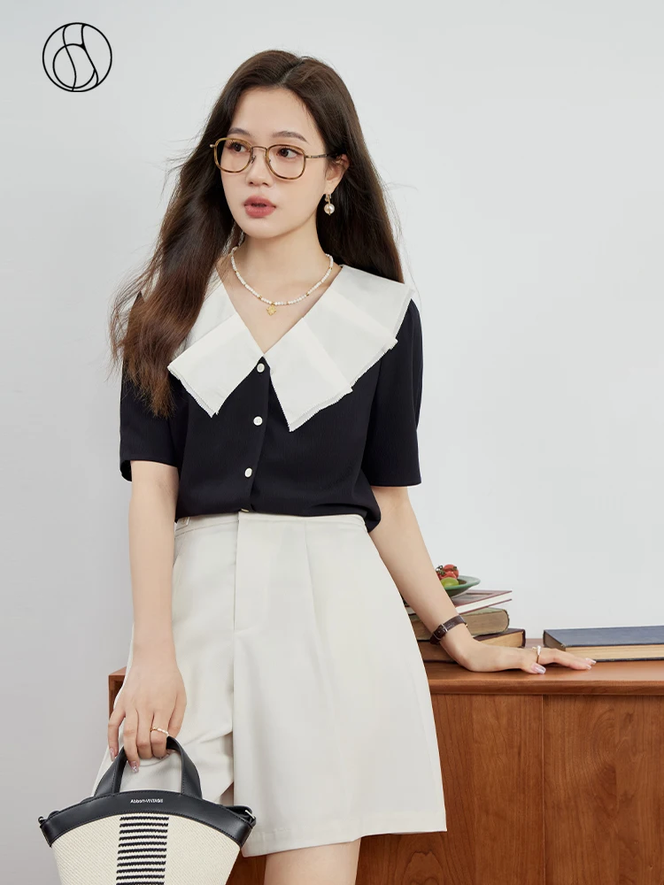 DUSHU Simple Commuter Shirt Women's Summer New 2023 Double Layer Doll Neck Tops For Women Blue Black Women Casual Shirt