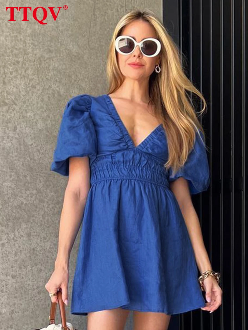 

TTQV Autumn Blue Cotton Womens Dresses 2023 Elegant Deep V-Neck Puff Sleeve Solid Dresses Casual High Waisted Mini Dress Female