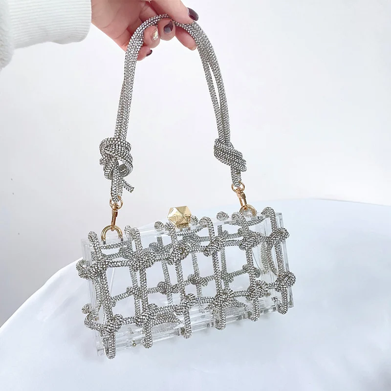

Diamond Clear Acrylic Box Evening Clutch Bags Women New Boutique Woven Knotted Rope Rhinestone Purses And Handbags Wedding Party