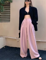 womens chic high waist wide leg suit pants spring summer high street loose floor length pants lady pink loose suit trousers