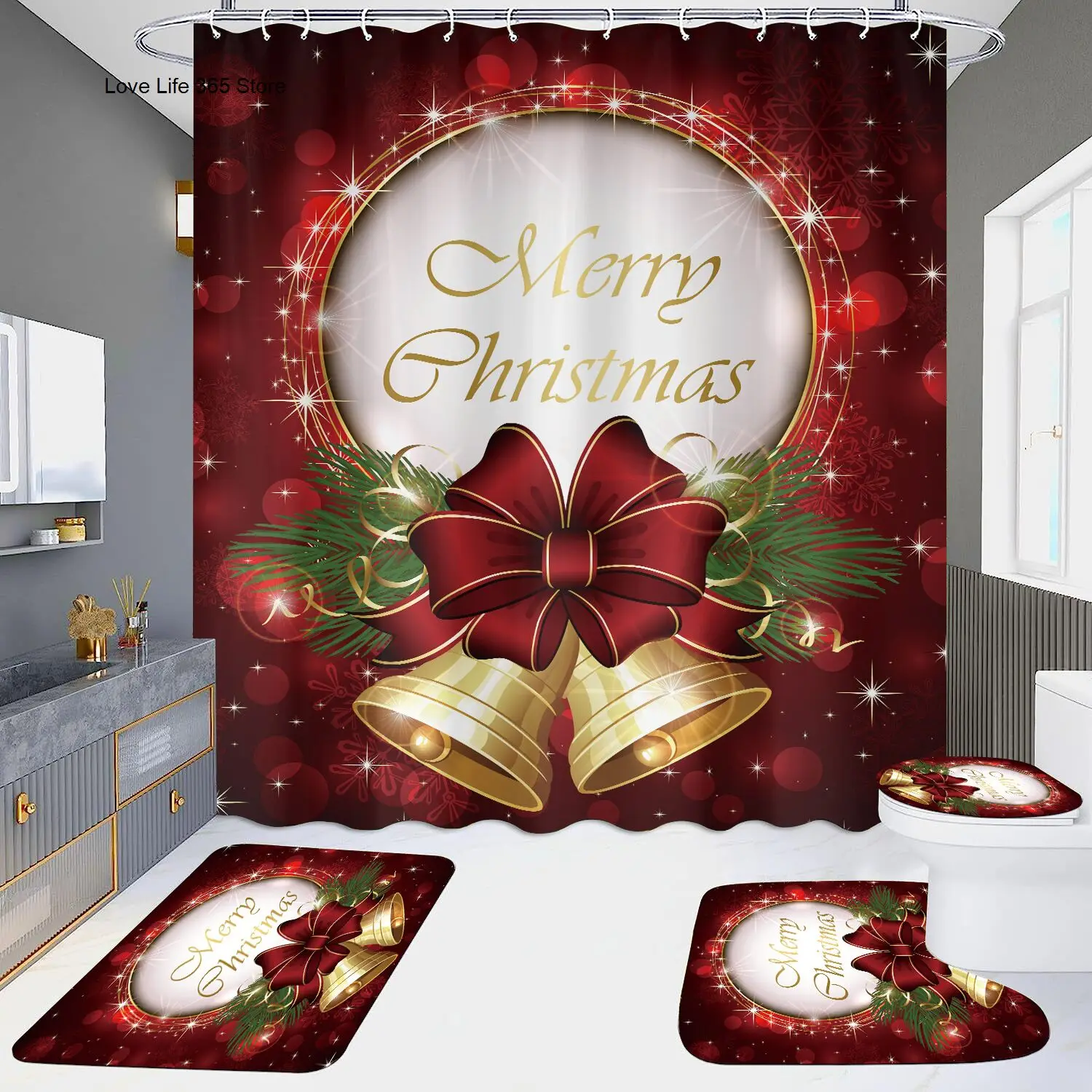 

Merry Christmas 3D Printed Shower Curtain Festival Snowflake Polyester Waterproof Red Bell Floor Mat Toilet Set Bath Accessories