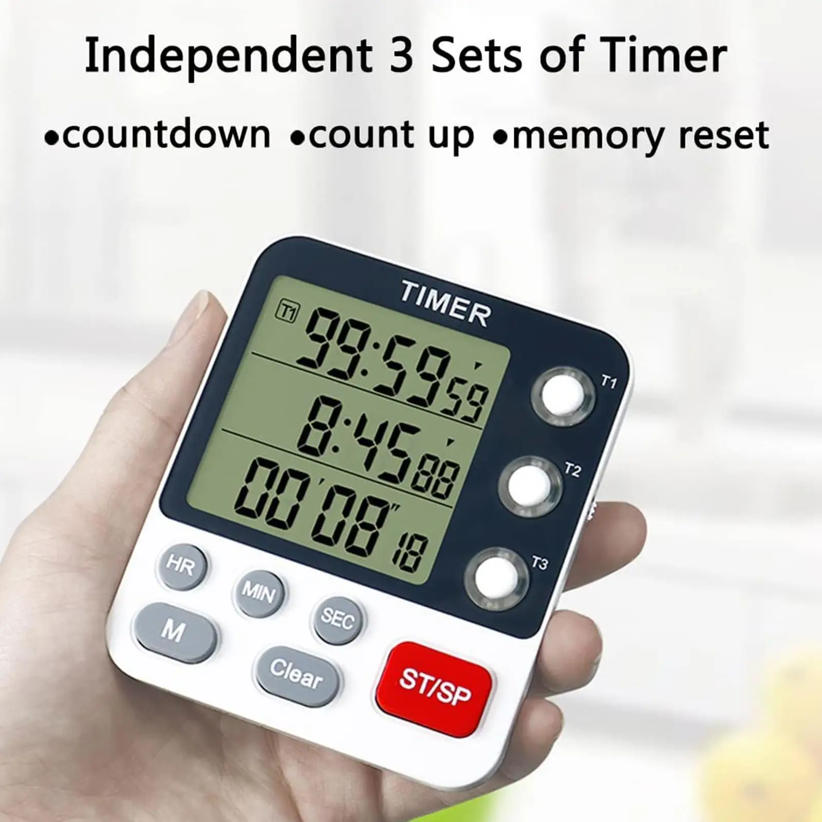 

3 Channels Kitchen Timer 100 Hours Countdown Timer For Shower Study Stopwatch 3-Alarms Reminder Clock with Bracket/Magnet/Hole