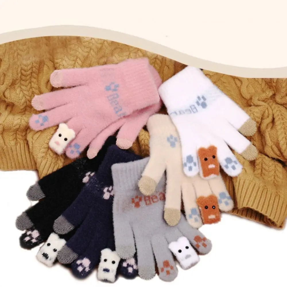 

Cute Bear Winter Plush Gloves New Windproof Warm Cycling Gloves Thickened Riding Touch Screen Gloves Women
