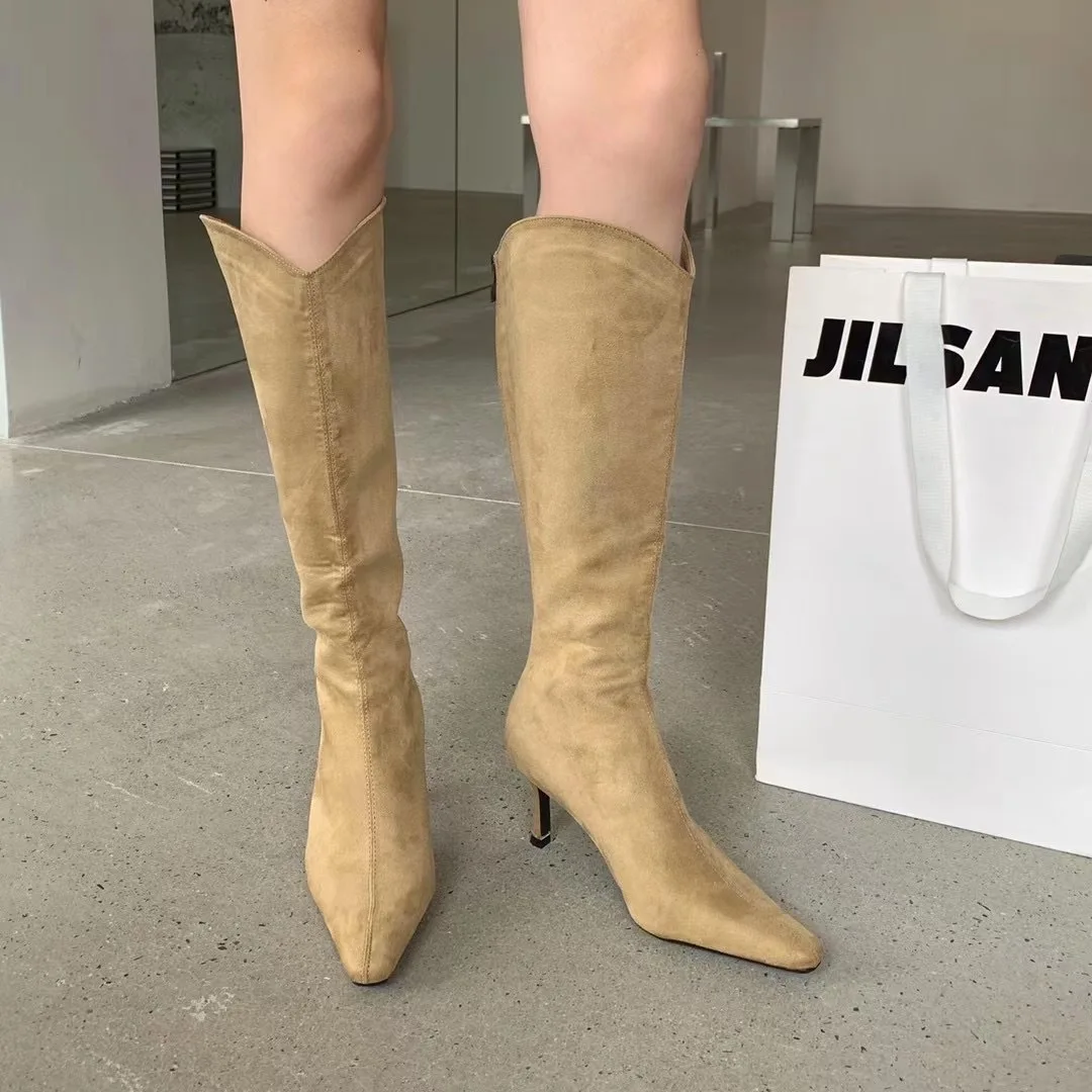

Western Cowboy Women Knee-High Boots Fashion Pointed Toe Autumn Winter Ladies Long Boots Thin High Heel Pumps Shoes
