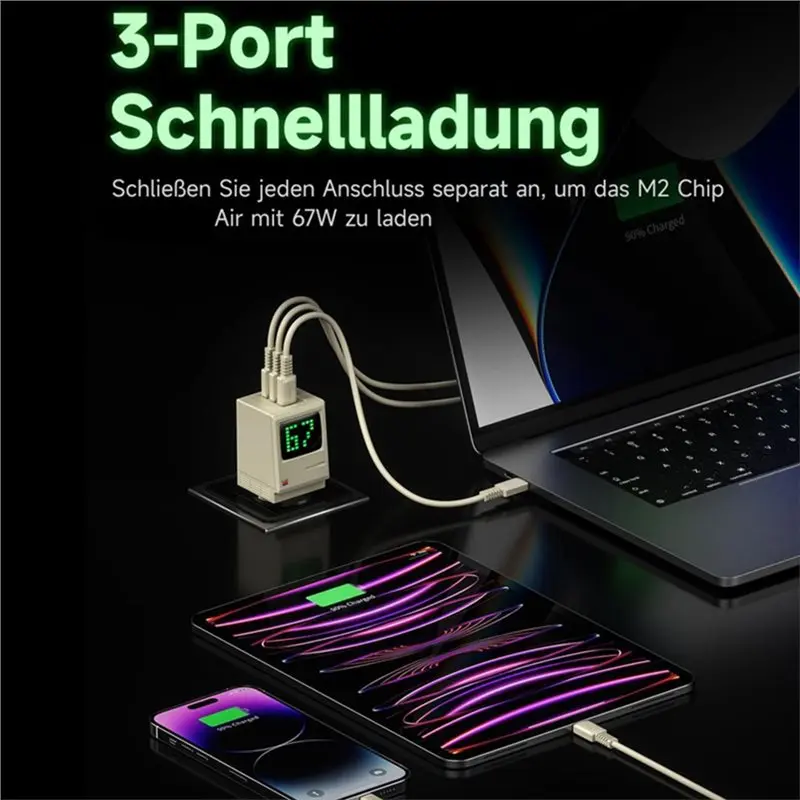 Фото Быстрое зарядное устройство 67W Retro Gan с цифровым дисплеем и 3 портами USB-C для планшетов и смартфонов, вилка стандарта США №3