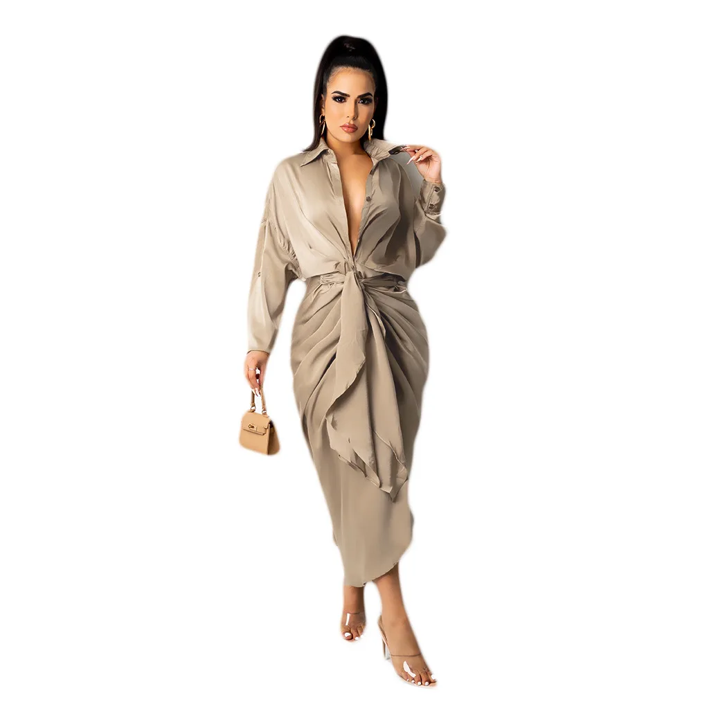 

Женское длинное однотонное платье, Элегантное однобортное Бандажное Платье макси с длинным рукавом и отложным воротником, офисная одежда, ...