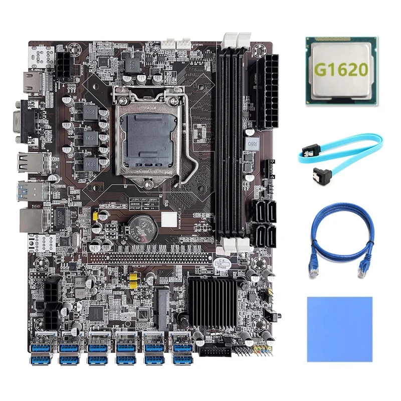 

B75 ETH Mining Motherboard 12 PCIE To USB LGA1155 Motherboard With G1620 CPU+SATA Cable+RJ45 Network Cable+Thermal Pad