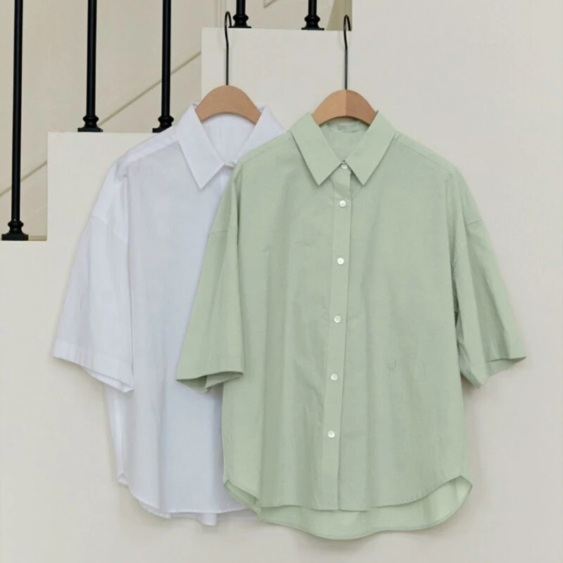 Женская рубашка из 100% хлопка с коротким рукавом летняя новая однотонная