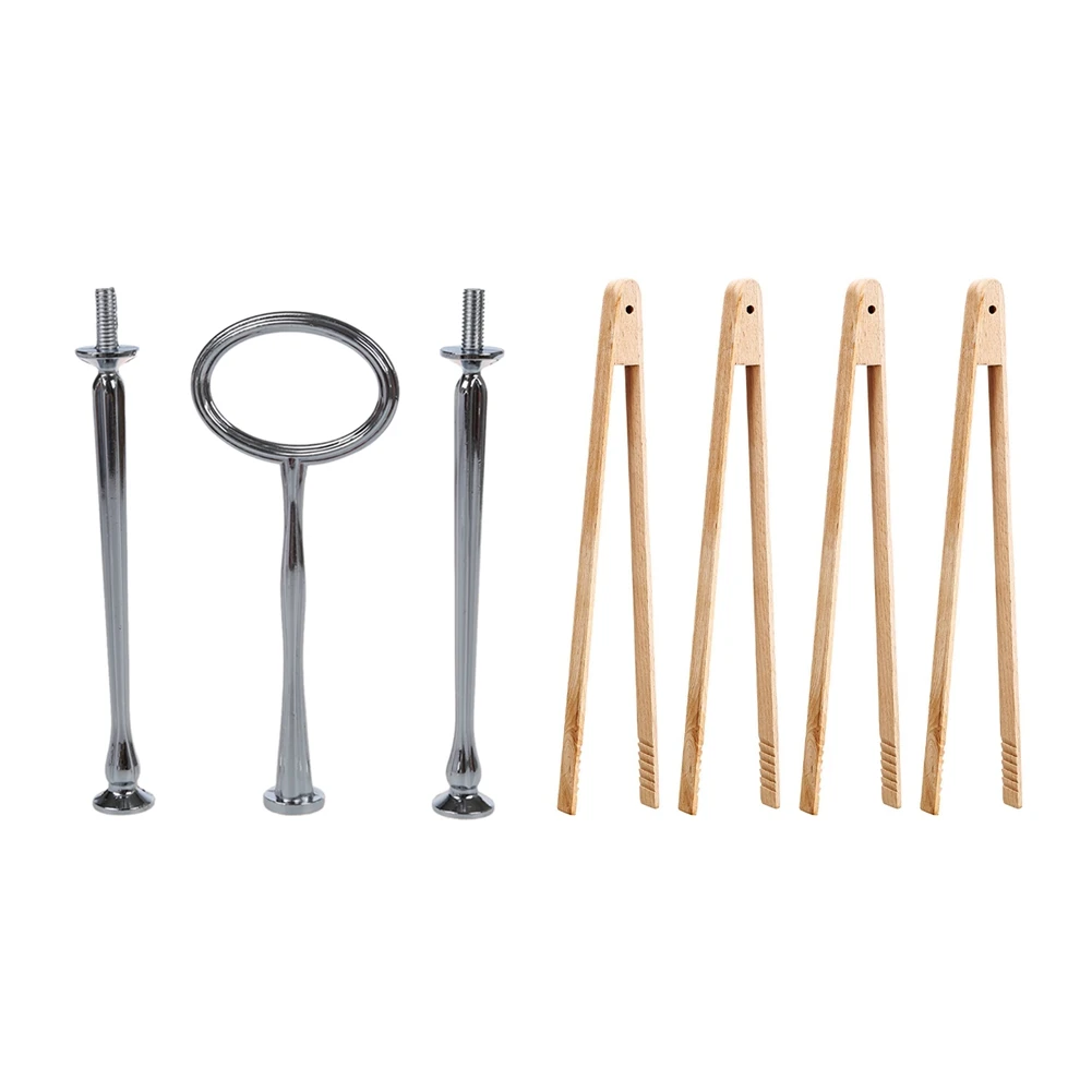 

3 SETS 3 Tier Oval Ring Stand Cake Plate Display Holder & 4 Packs 12 Inch Wood Toaster Tongs Kitchen Tongs