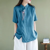 literary retro plate button stand collar ramie top womens summer dress chinese style slanted lapel embroidery shirt suit