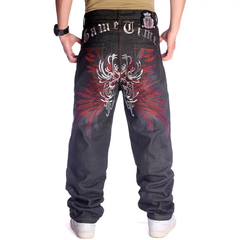 

Plus Size Waist 30-46 Inch Skateboard Mens Jeans Wide-Leg Loose Hip Hop Embroidered Flower Wings Male Denim Pants Trousers