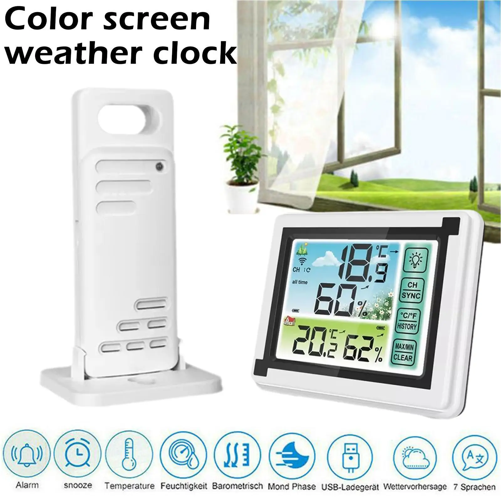 

Indoor Wireless Thermometer Large Colorful Screen Temperature And Humidity Monitor Weather Station Clock Measuring Tools
