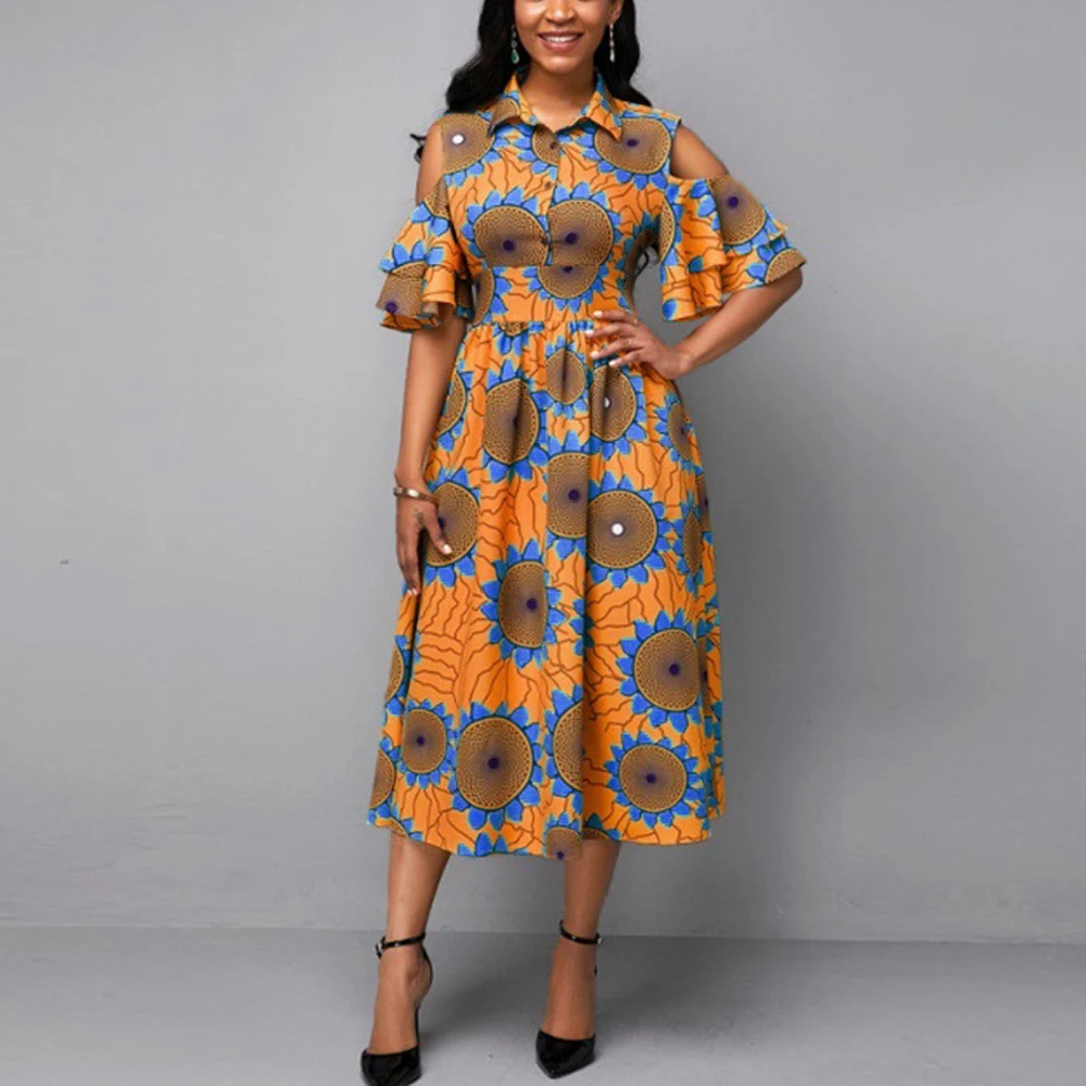 

OTEN Women's Turn-down Collar Floral Print Hollow Out Ruffle Sleeve Sexy Evening Party Button Skater Casual African Swing Dress