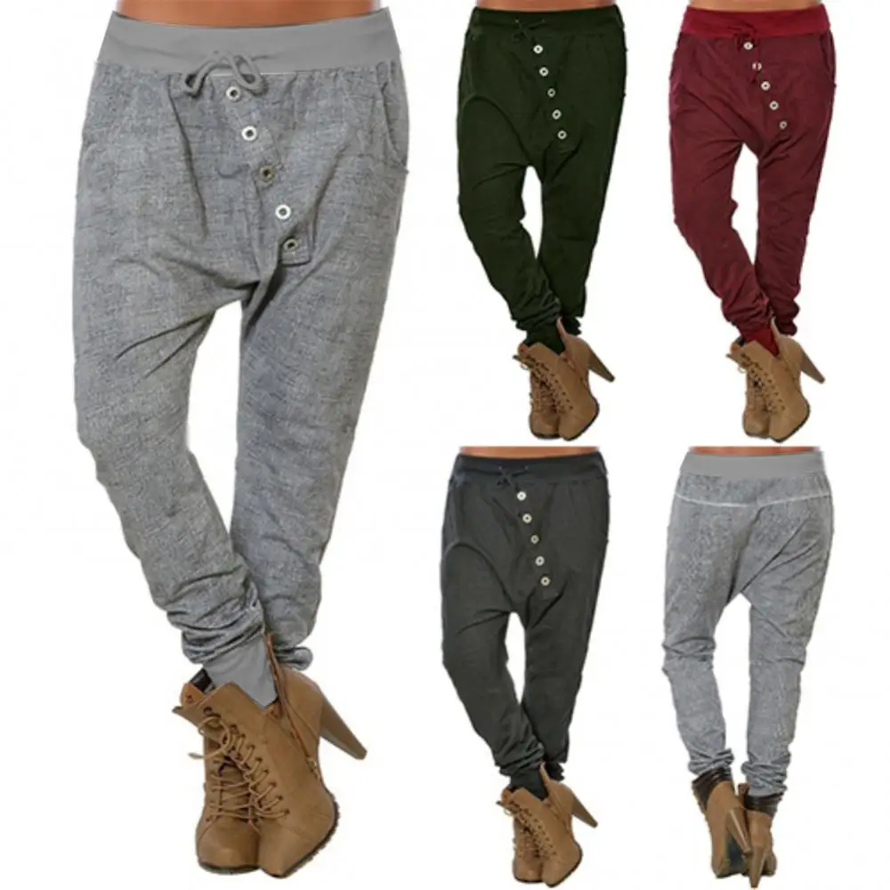 

Women Fashion Harem Pants Buttons Elastic Trousers Hipsters Casual Loose Solid Color Bloomers Drawstring Baggy Trousers 2021