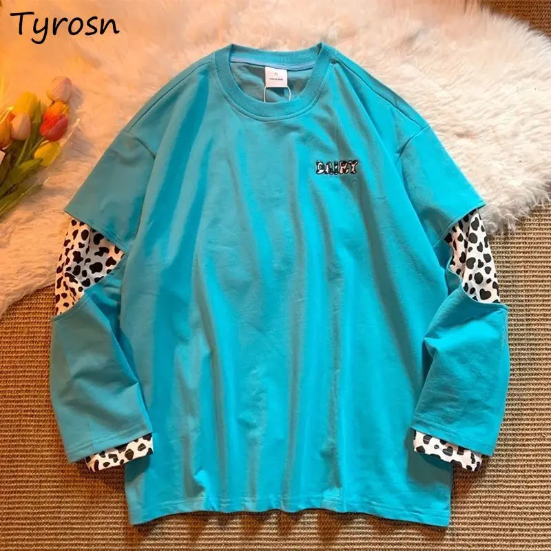 

Футболка женская с длинным рукавом, дизайнерская Ретро футболка в стиле пэчворк, с круглым вырезом, принтом в виде коровы, с графическим принтом, в стиле Харадзюку, для пар