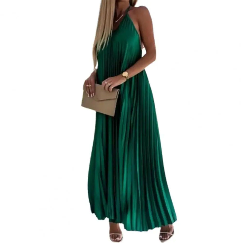 

Off Shoulder Backless Solid Color Maxi Dress Elegant Halter Ribbed Pleated Dress Female Women Long Dress Elegant Beach Dress