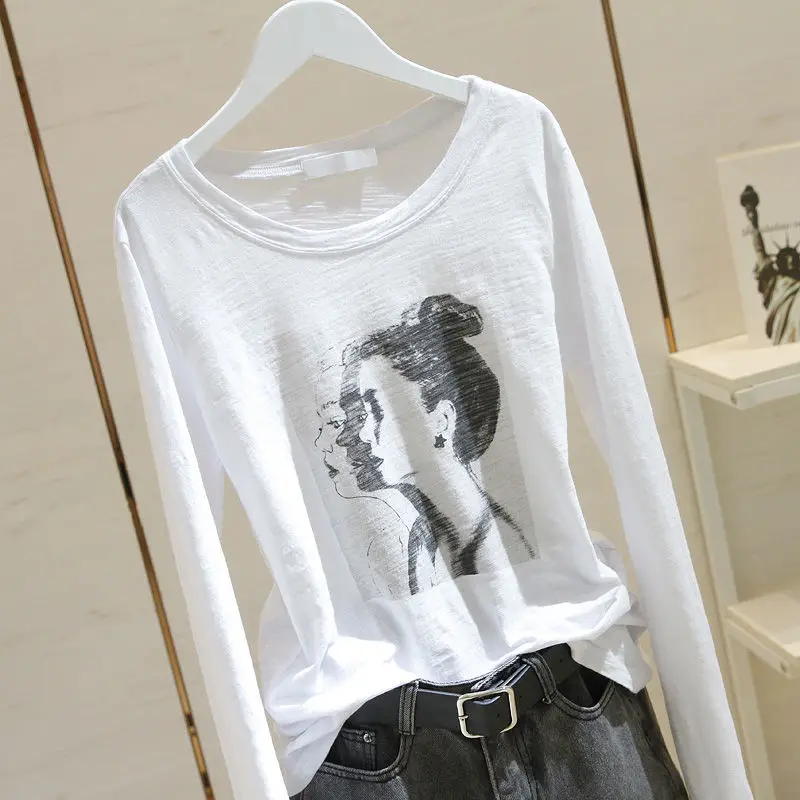 

2022 spring new Korean version with slub cotton white tshirt womens longsleeved loose large size bottoming shirt top trendy