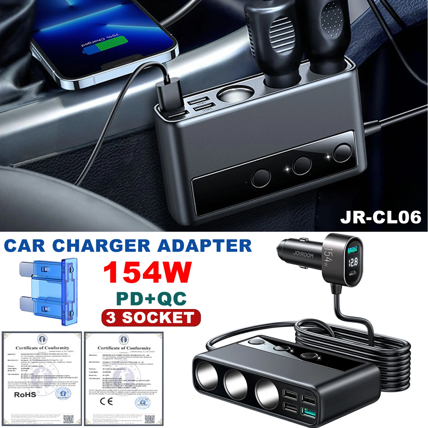 

154W Car Charger Adapter Cigar Jack Multi Socket 9 in 1 PD 3 Cigarette Lighter Splitter High Speed Charge S DC Outlet Switches