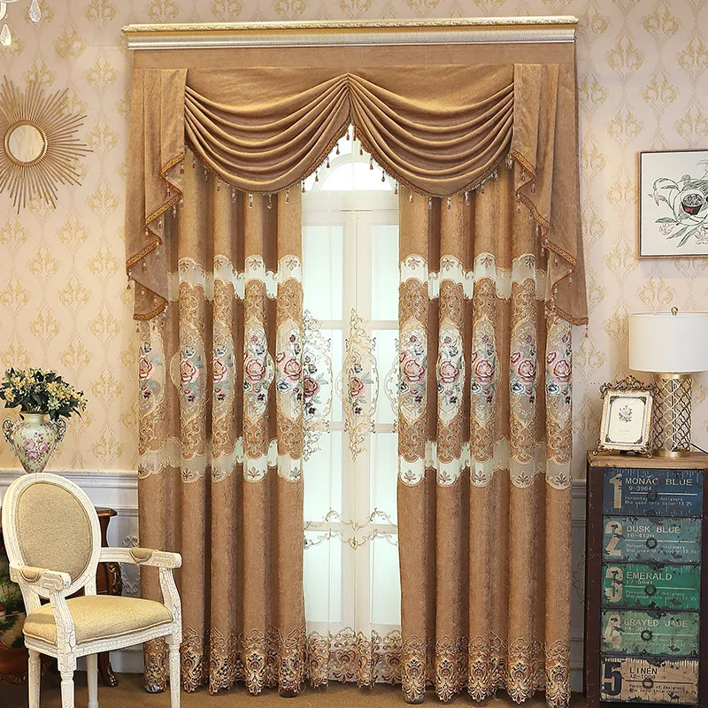 

European hollow water soluble embroidered chenille curtains Nordic villa living room bedroom blackout curtain fabric finished pr