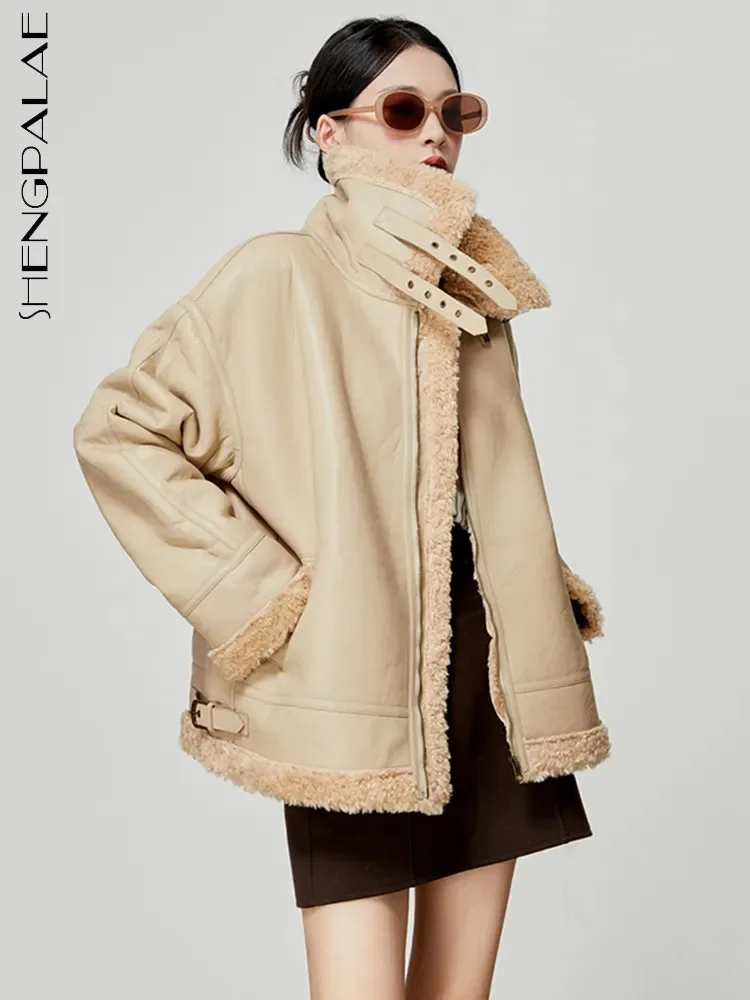 

SHENGPALAE модное женское пальто из искусственного меха, пальто из овечьей шерсти, пояс с хомутом, на молнии, темпераментная винтажная куртка, осень 2023, новинка, R6940