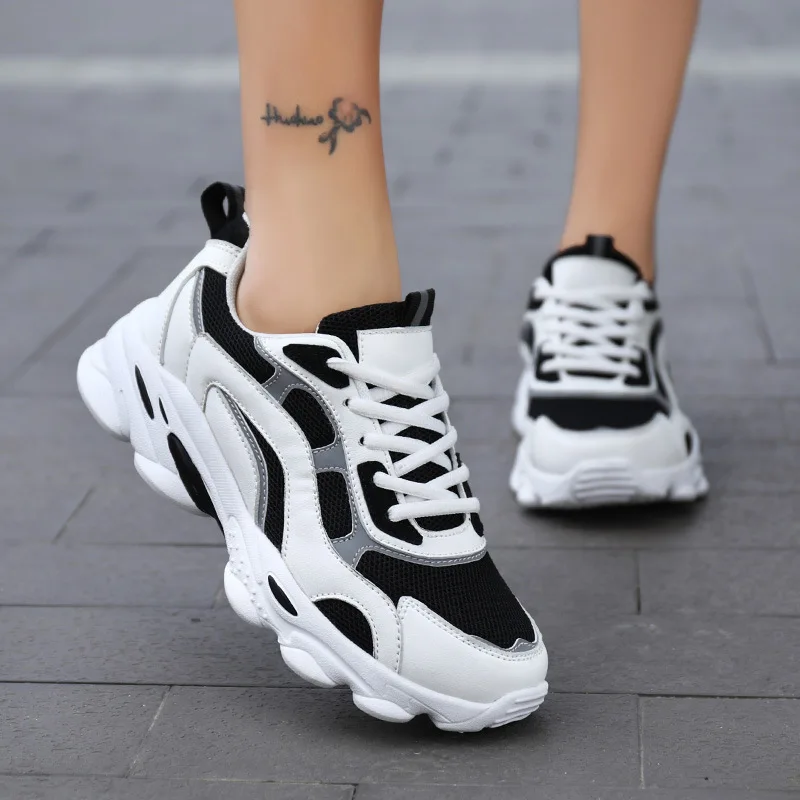 

New Dad Shoes Women Mesh Breathable Tennis Female Platform Sneakers Fashion Black Lace Up Comfortable Casual Vulcanized Shoes