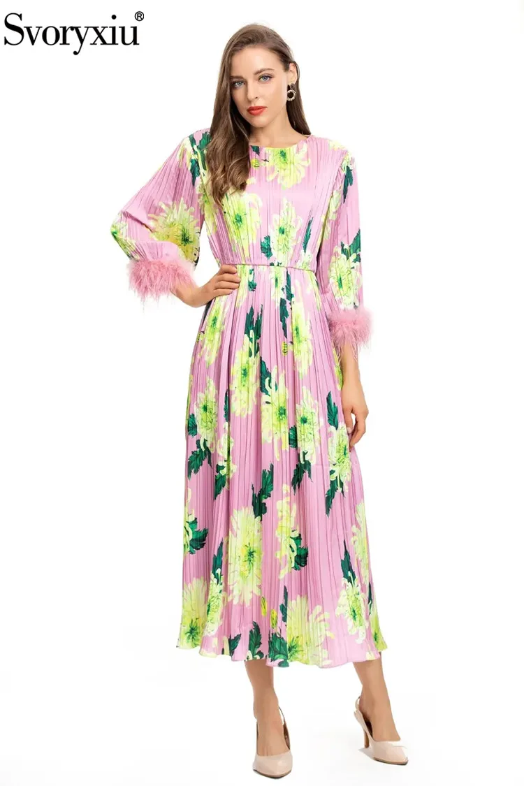Svoryxiu Designer Fashion Autumn Vintage Gorgeous Print Midi Dress Women's Long Sleeve Sashes High Waist Slim Vacation Dress