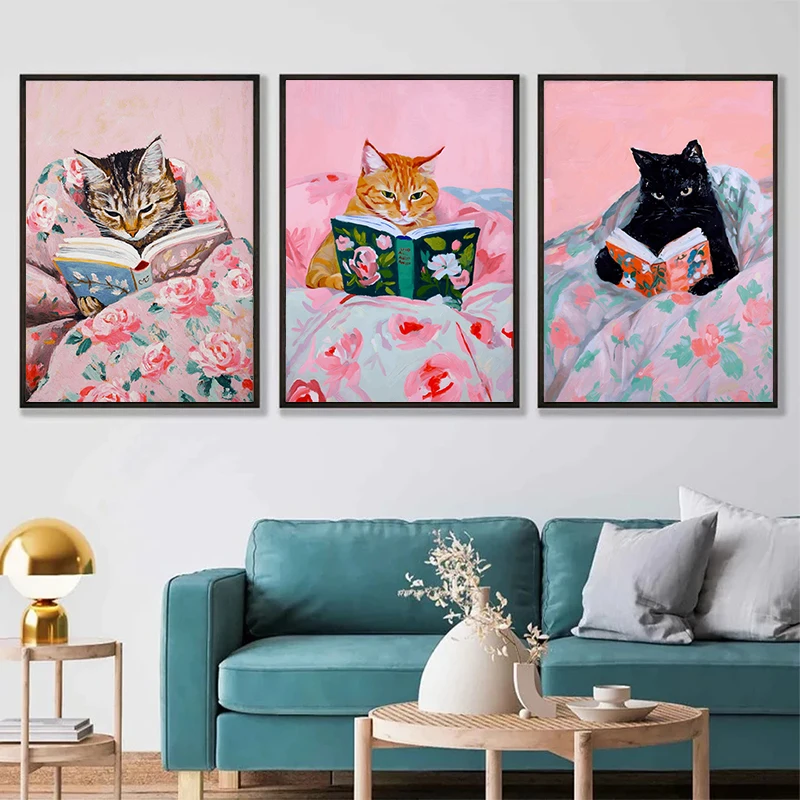 Художественный постер &quotЗабавный табби-кошка читает книги&quot