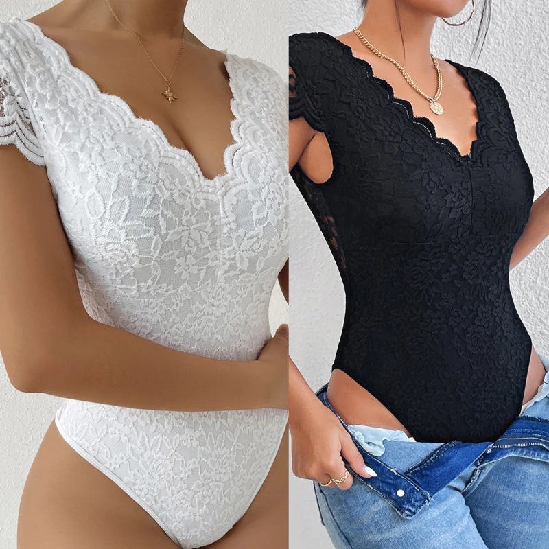 

Женские кружевные комбинезоны с цветочным рисунком, пикантные эластичные облегающие комбинезоны с V-образным вырезом в Корейском стиле, вечерние модные сетчатые комбинезоны с вырезами, лето