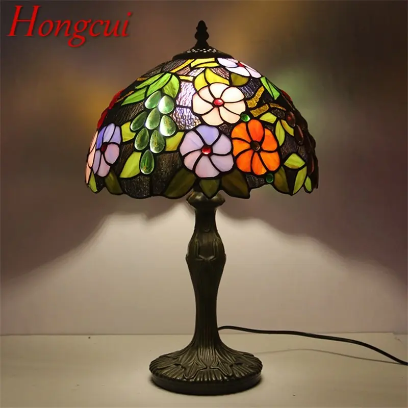 

Hongcui Tiffany Table Lamp LED Vintage Color Glass Fashion Flowers Pattern Desk Light Decor For Home Living Room Bedroom Bedside