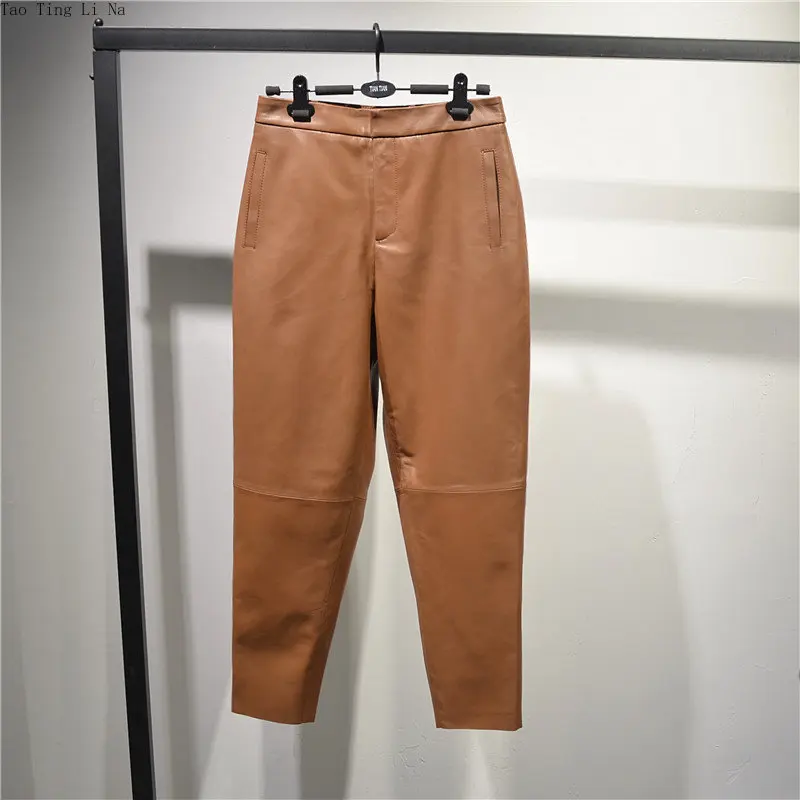 2023 Women New Fashion Genuine Leather Pants Top Layer Real Sheepskin Casual Leather Harem Pants G4