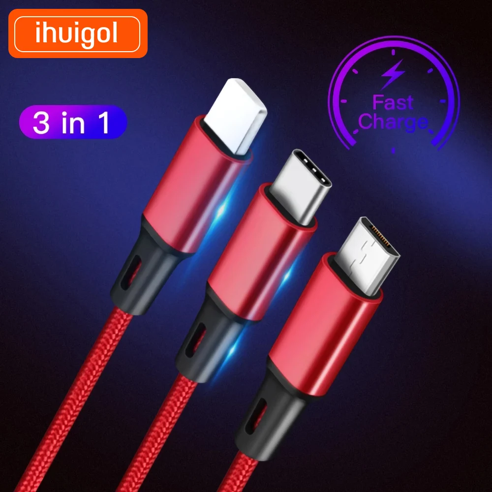 

ihuigol 3 in 1 Micro USB Type C Charge Cable For Samsung S8 Xiaomi 6 Lighting Charger Cable For iPhone 12 11 7 8 Plus X XS MAX