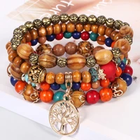 charmsmic wooden beads strand bracelets sets hollow tree of life pendant vintage alloy ball rose flower ethnic jewelry gifts