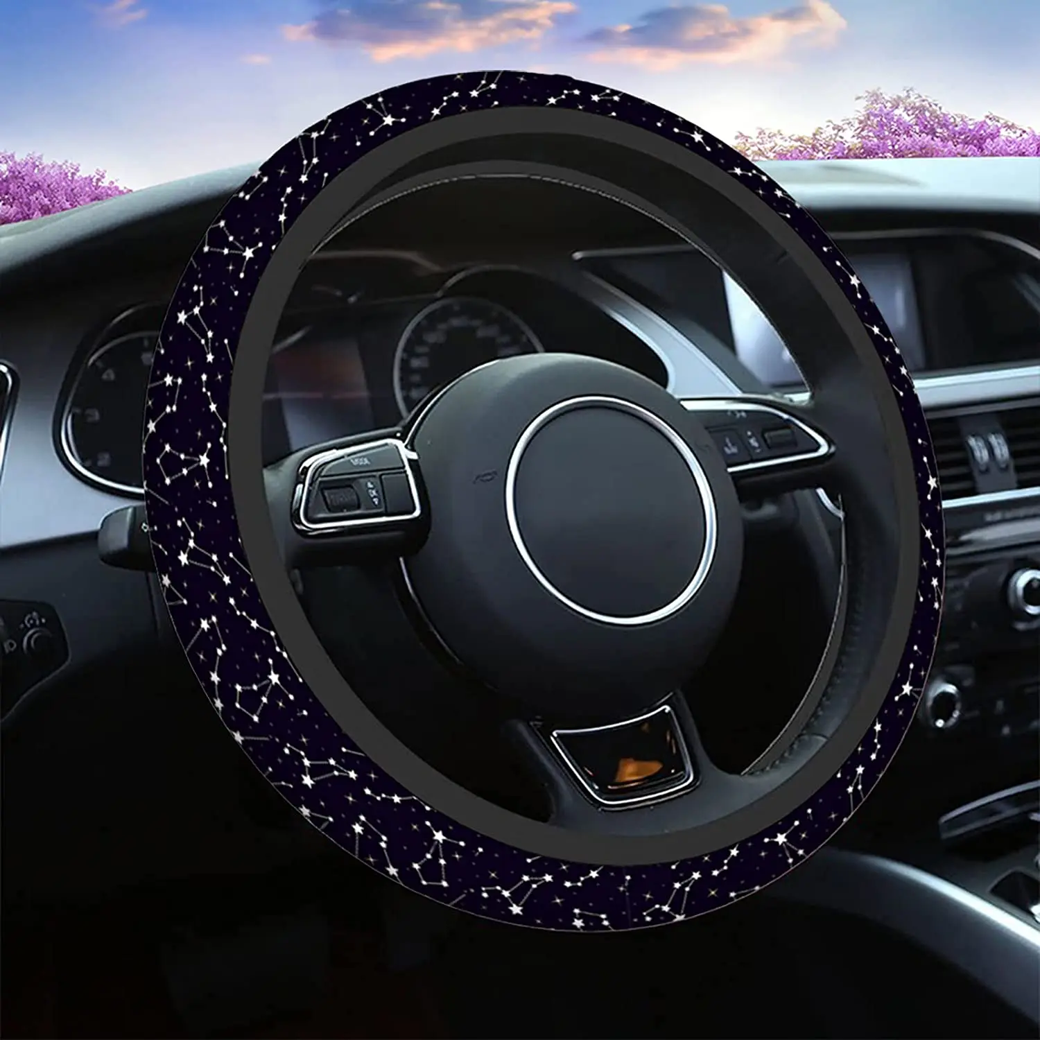 

Stars Black Car Steering Wheel Cover Space with Stars and Constellations On Night Starry Sky Safe Driving Anti-Slip 15 Inch