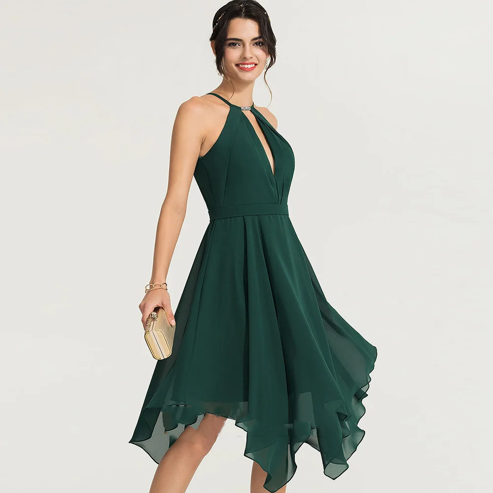 

Prestigious Ruffle Short Evening Dresses Elegant for Wedding Halter Green Chiffon Custom-made Size OEM Party Prom Graduation