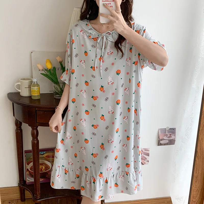 Cotton Short Sleeve Women Printing Nightgown Sleepdress Homedress Round Neck Loose Casual Loungewear Camicia Notte Donna Sexy