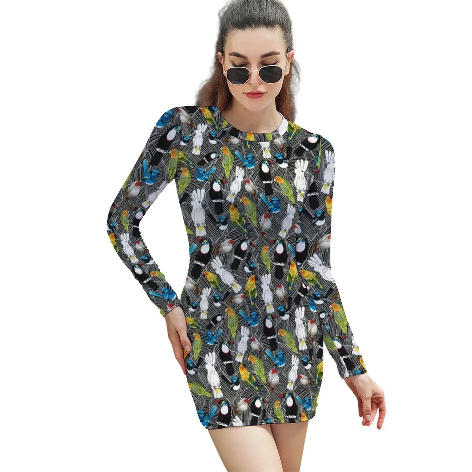 

Colorful Parrot Print Bodycon Dress Women Birds Of Paradise Pretty Dresses Summer Long Sleeve Basic Pattern Dress Large Size